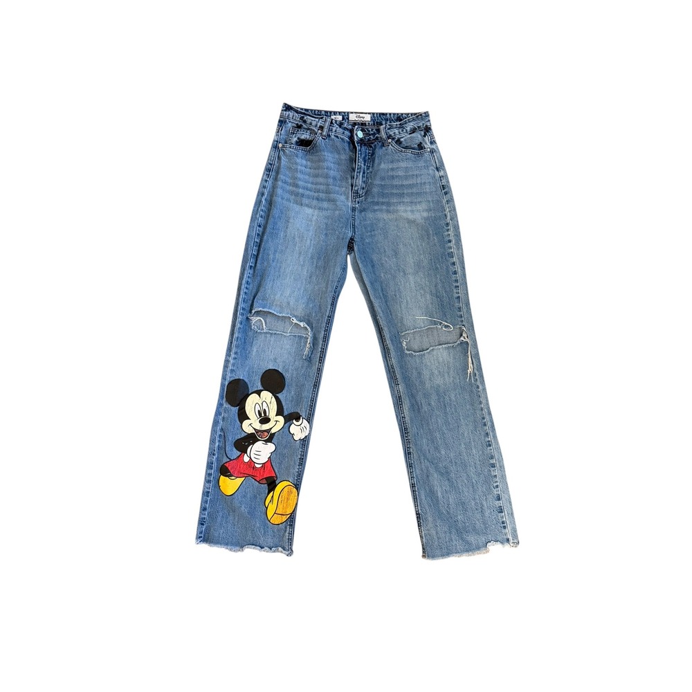 Disney Mickey Mouse Jeans Size 30 Distressed Baggy Wide Leg Y2K Raw Hem